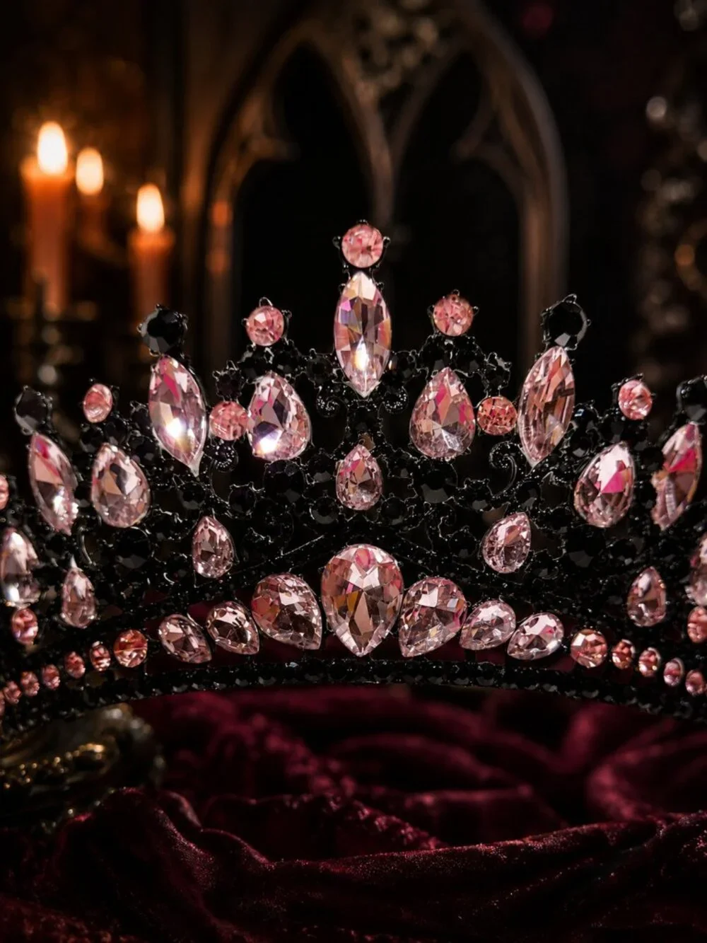 Gothic black crown, Pink crystal comb crown, Dark princess tiara, Costume crown